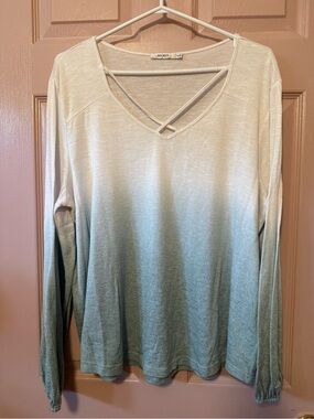 Ricki's Cream to Sage Ombre V-Neck Long Sleeve Top
